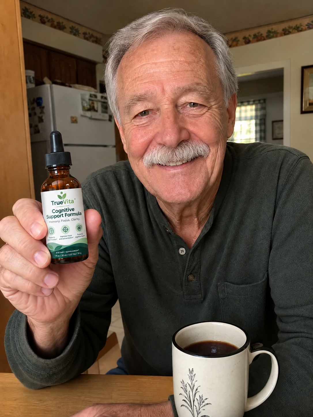 Frank D. holding his TrueVita bottle with morning coffee